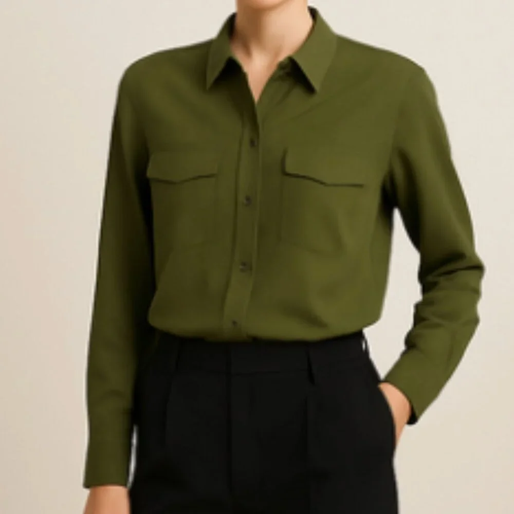 Olive Green Top Size Large Button Front Long Sleeve Blouse Fall Utility Neutral - Picture 1 of 10